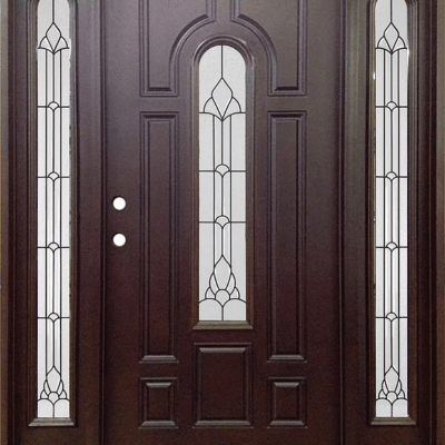 Dark Walnut Single Exterior Fiberglass Entry Door Two Sidelites FM 280