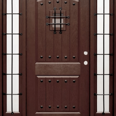 Dark Walnut Single Exterior Fiberglass Door Two Sidelites FM200W