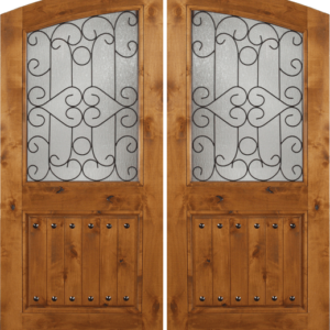 Knotty Alder Double Wood Exterior Doors Decorative Iron w/ Clavos ARA662ZMTGIC