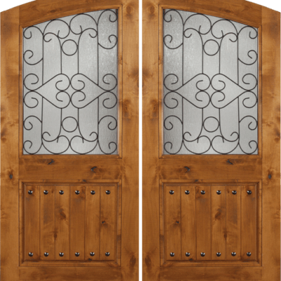 Knotty Alder Double Wood Exterior Doors Decorative Iron w/ Clavos ARA662ZMTGIC
