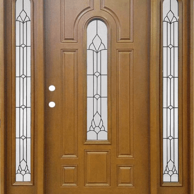 Medium Walnut Single Exterior Fiberglass Entry Door Two Sidelites FM 280