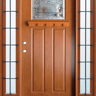 Medium Walnut Single Exterior Fiberglass Door Two Sidelites FM300