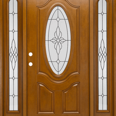 Medium Walnut Single Exterior Fiberglass Door Two Sidelites FM800